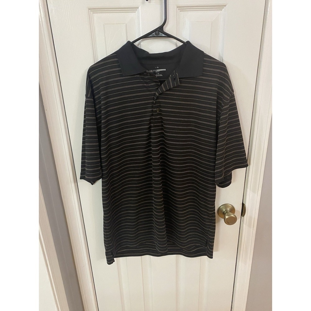 Grand Slam Golf Polo Mens Large Black Tan Striped Short Sleeve Button Up Shirt